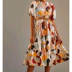 Anthropologie Conditions Apply Puff Sleeved Midi Dress Preppy Boho Womens 2